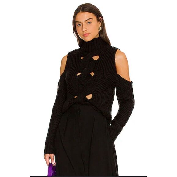 NWT For Love & Lemons Keke Cutout Turtleneck  Ribbed Cable Chunky Sweater XS bla - Picture 1 of 9